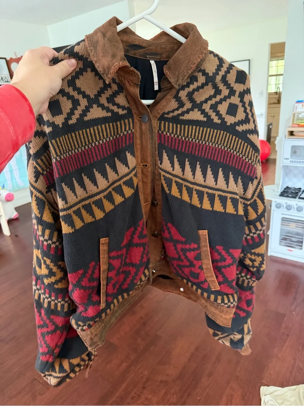 Free People Southwestern Pattern Knit Jacket in Black, Brown & Red